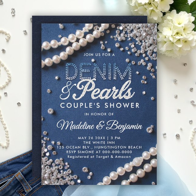 Denim Diamonds Pearls Elegant Modern Couple Shower Invitation (denim and pearls couple wedding shower invitation coed jack jill blue white elegant modern classy )