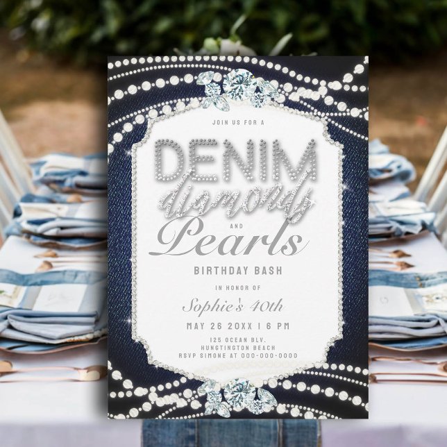 Denim Diamonds Pearls Frame 40th Birthday Party Invitation (denim and diamonds 40th birthday invitations for women pearls frame classy bling glitz glam rustic)