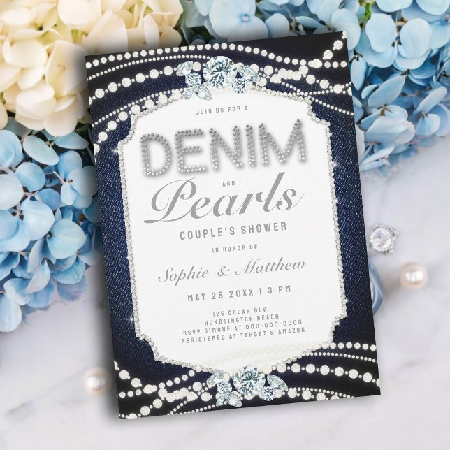 Denim Diamonds Pearls Frame Coed Wedding Shower Invitation (wedding shower ideas denim diamonds pearls invitations coed jack jill couples blue elegant casual)