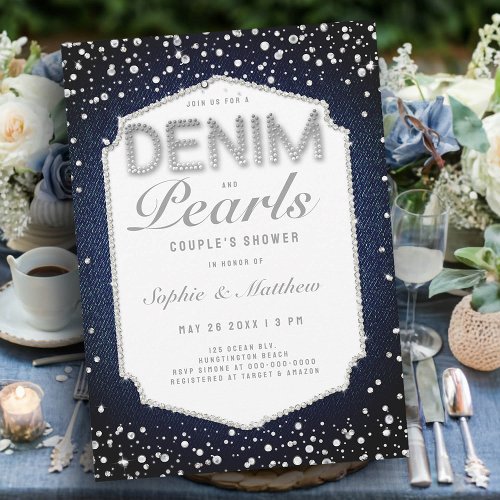 Denim Diamonds Pearls Frame Elegant Wedding Shower Invitation
