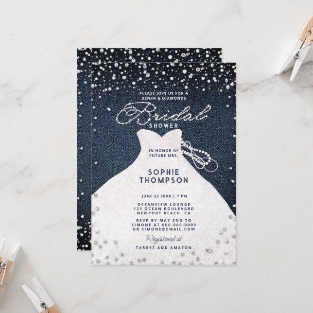 Denim Diamonds Pearls Glitter Dress Bridal Shower Invitation | Zazzle Denim Diamonds Pearls Glitter Dress Bridal Shower Invitation | Zazzle