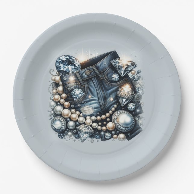 Denim Diamonds & Pearls Jeans Bling Birthday Party Paper Plates (Front)