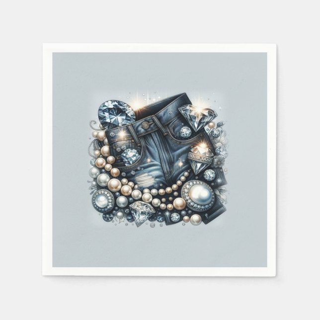 Denim Diamonds & Pearls Jeans Bling Party Napkins (Front)