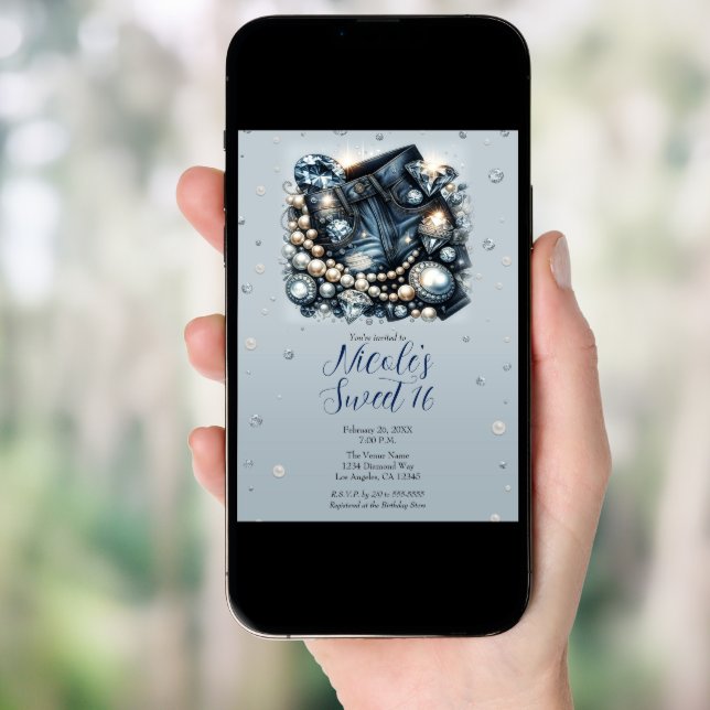 Denim Diamonds & Pearls Jeans Sweet 16 Birthday Invitation (Front Digital)