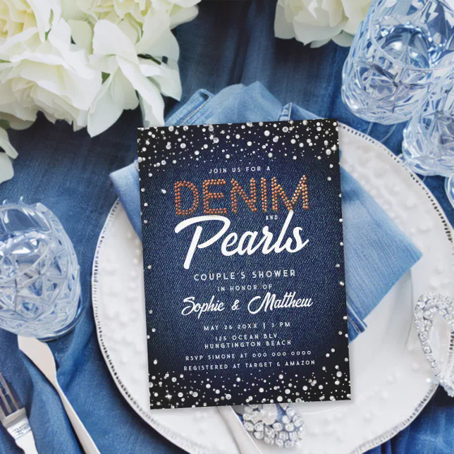 Denim Diamonds Pearls Modern Elegant Couple Shower Invitation | Zazzle