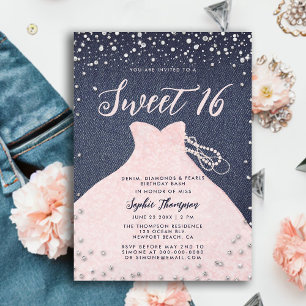 Denim Diamonds Pearls Pink Princess Dress Sweet 16 Invitation