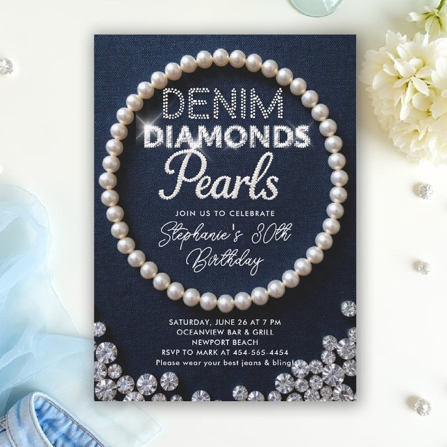 Denim Diamonds Pearls Type Classy Modern Birthday Invitation (denim diamonds and pearls party ideas modern classy elegant blue white invites templates diy)
