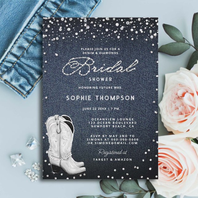 Denim Diamonds Pearls Western Boots Bridal Shower Invitation (denim and diamonds pearls bridal shower invitation white cowgirl boots western country elegant class)