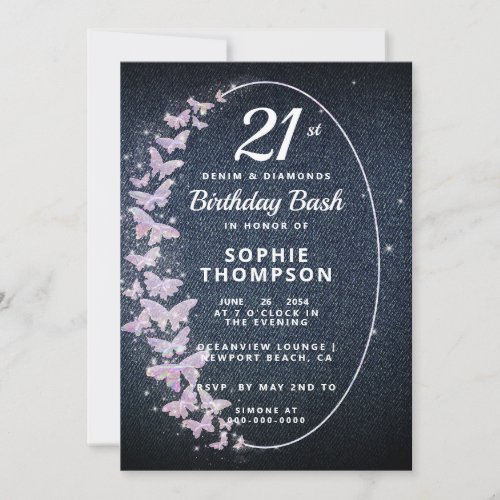 Denim Diamonds Pink Butterfly Frame Birthday Party Invitation