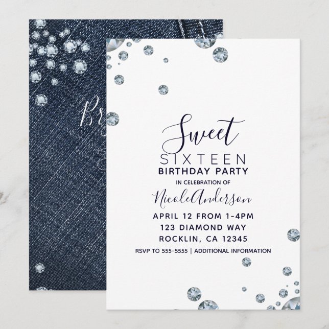 Denim & Diamonds Pocket Birthday Sweet 16 Party Invitation (Front/Back)