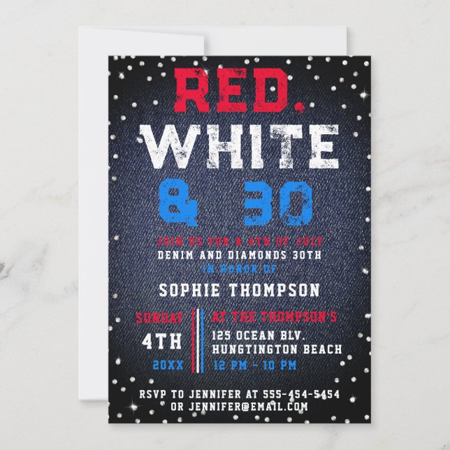 Denim Diamonds Red White 4th of July 30th Birthday Invitation (Front)