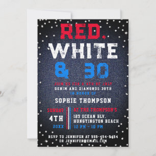 Denim Diamonds Red White 4th of July 30th Birthday Invitation