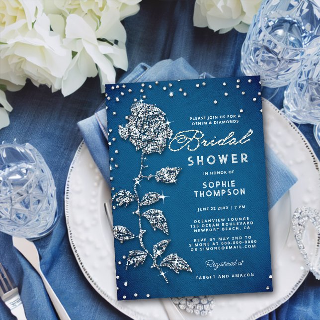 Denim Diamonds Rhinestone Rose Chic Bridal Shower Invitation (Creator Uploaded)