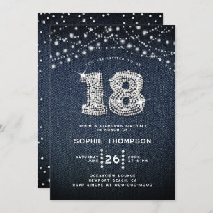 Denim Diamonds Rhinestones Elegant 18th Birthday Invitation