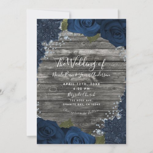 Denim Diamonds Roses Rustic Wood Cream Lace  Invitation