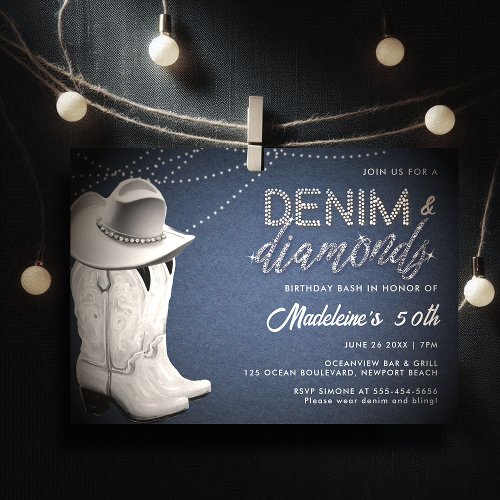 Denim Diamonds Rustic Glam Hat Boots 50th Birthday Invitation