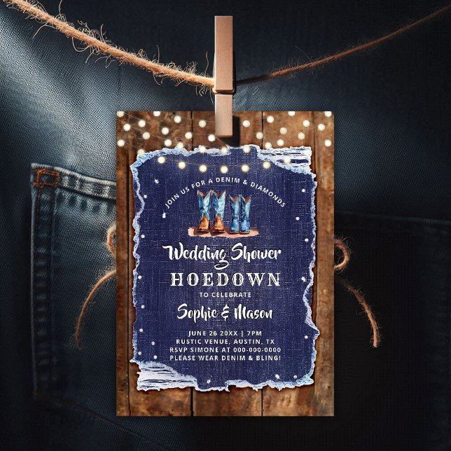 Denim Diamonds Rustic Hoedown Bridal Shower Invitation (denim and diamonds bridal wedding shower invitation rustic wood string lights hoedown white blue)