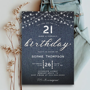 Denim Diamonds Rustic Lights 21st Birthday Invitation