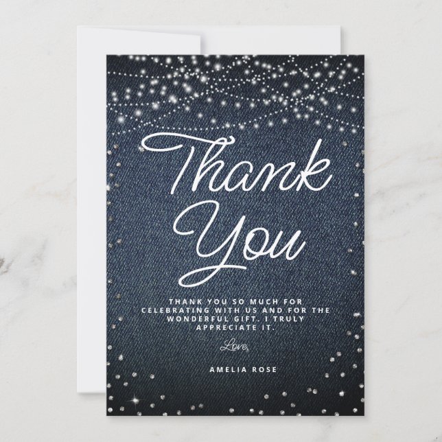 Denim Diamonds Rustic Lights Elegant Blue Script Thank You Card (Front)