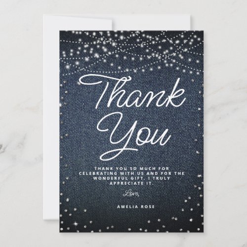 Denim Diamonds Rustic Lights Elegant Blue Script Thank You Card