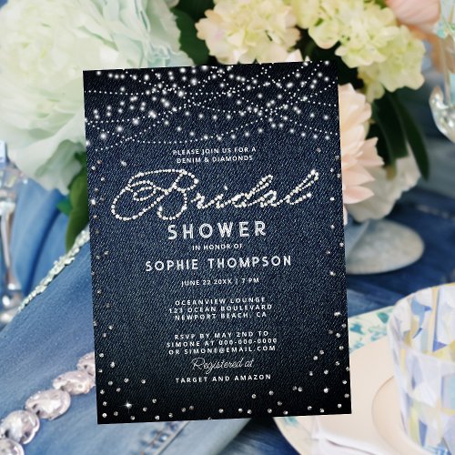 Denim Diamonds Rustic Lights Elegant Bridal Shower Invitation