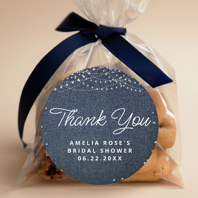 Denim Diamonds Rustic Lights Script Thank You Classic Round Sticker (Creator Uploaded)