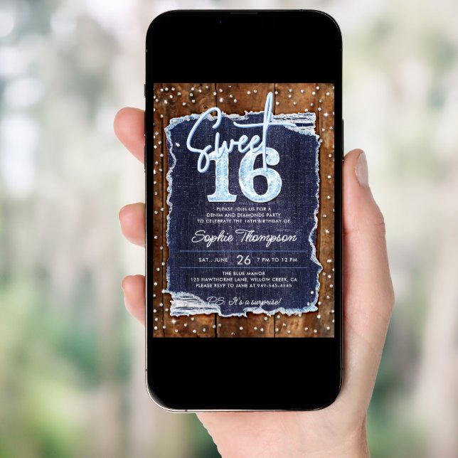 Denim Diamonds Rustic Wood Elegant Photo Sweet 16 Invitation (Front Digital)