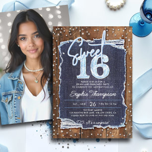 Denim Diamonds Rustic Wood Elegant Photo Sweet 16 Invitation