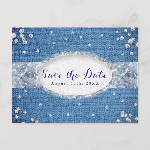 Denim  Diamonds Scattered Bling Save the Date Announcement Postcard