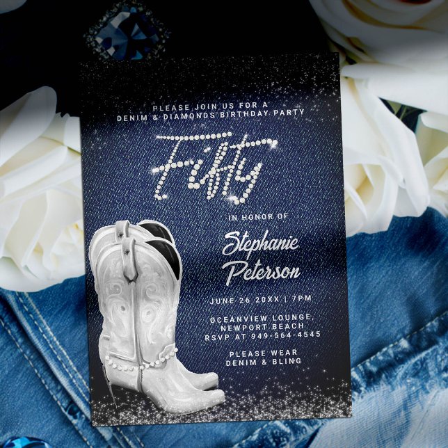 Denim Diamonds Script Cowgirl Boots 50th Birthday Invitation (denim and diamonds 50th birthday invite for women cowgirl boots bling classy elegant chic western)