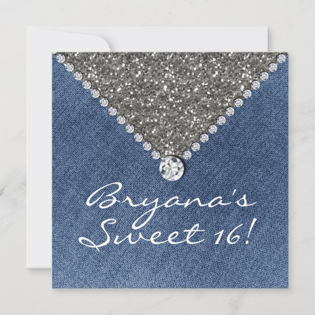 Denim Diamonds Silver Glitter Sweet 16 Invitation (Front)
