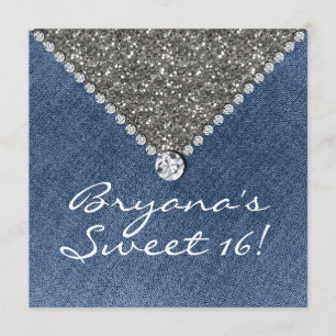 Denim Diamonds Silver Glitter Sweet 16 Invitation