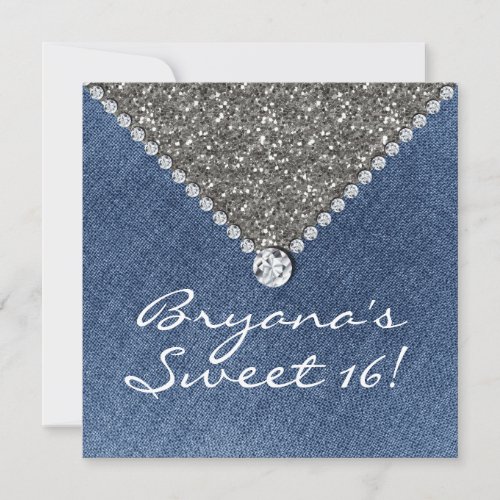 Denim Diamonds Silver Glitter Sweet 16 Invitation