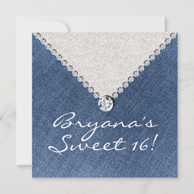 Denim Diamonds Silver Glitter Sweet 16 Invitation (Front)