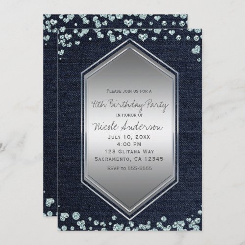 Denim Diamonds Silver Hearts Birthday Party Event Invitation