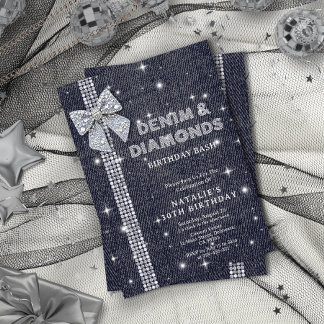 Denim & Diamonds Sparkling Navy Bow Birthday Party Invitation