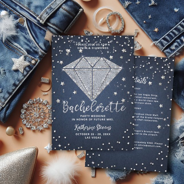 Denim Diamonds Stars Bachelorette Party Itinerary Invitation (denim and diamonds bachelorette party itinerary invitation template elegant classy modern chic)