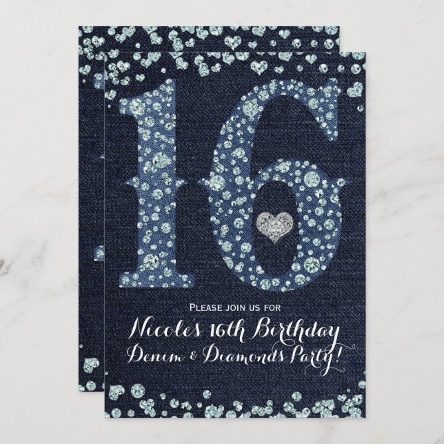 Denim & Diamonds Sweet 16 16th Birthday Party Invitation (Front/Back)