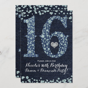 Denim & Diamonds Sweet 16 16th Birthday Party Invitation