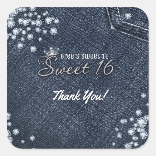 Denim  Diamonds Sweet 16 Crown Party Favor Square Sticker