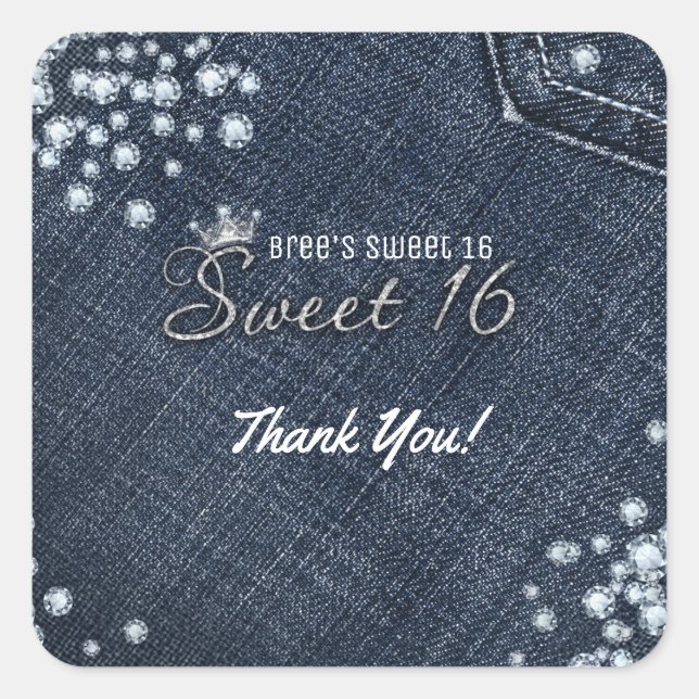 Denim & Diamonds Sweet 16 Crown Party Favor Square Sticker (Front)