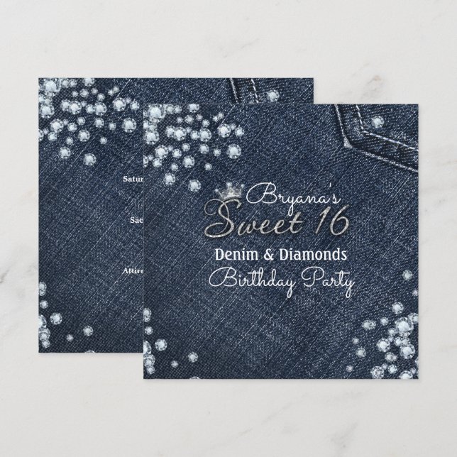 Denim & Diamonds Sweet 16 Crown Party Invitations (Front/Back)