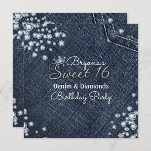 Denim & Diamonds Sweet 16 Crown Party Invitations