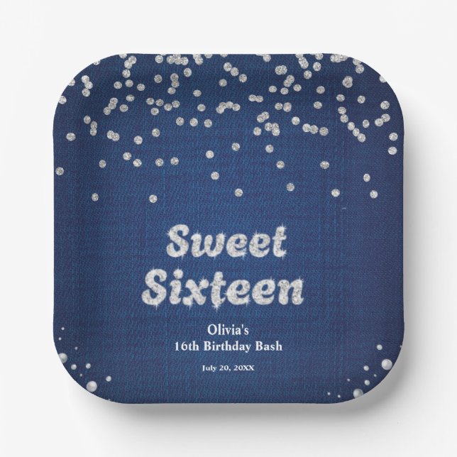 Denim & Diamonds Sweet Sixteen 16th Birthday  Paper Plates (Front)