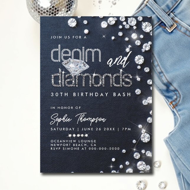 Denim Diamonds Theme Classy 30th Birthday Party Invitation (denim and diamonds invitations 30th 50th sweet 16 elegant classy bling template)