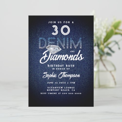 Denim Diamonds Typography 30th Birthday Party Invitation