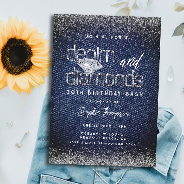 Denim Diamonds Typography Chic 30th Birthday Party Invitation (elegant denim diamonds 30th birthday party invitation for women rhinestones frosting classy modern)