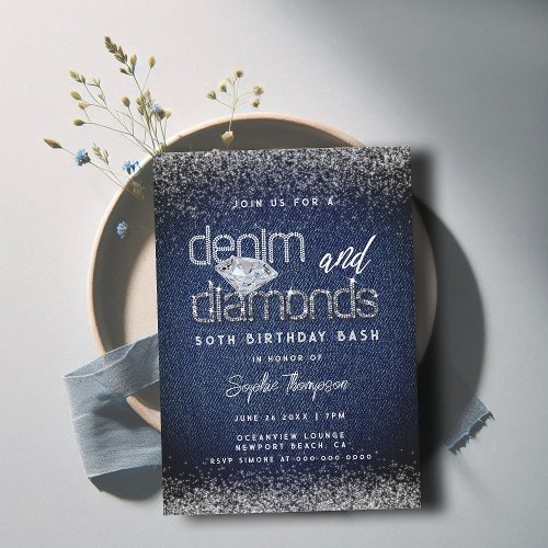 Denim Diamonds Typography Chic 50th Birthday Party Invitation