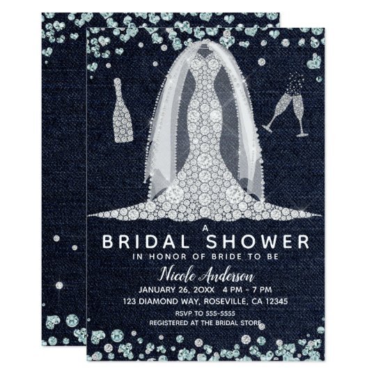 Denim Diamonds Wedding Dress Bridal Shower Glam Invitation Denim Diamonds Wedding Dress Bridal Shower Glam Invitation