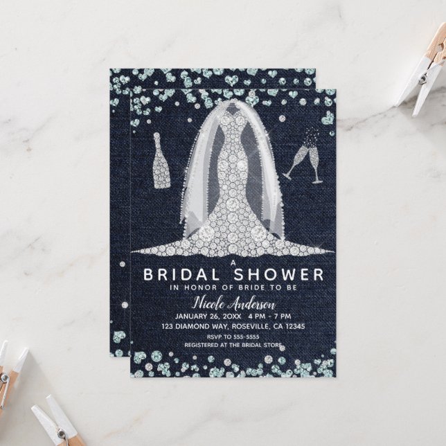 Denim & Diamonds Wedding Dress Bridal Shower Glam Invitation | Zazzle